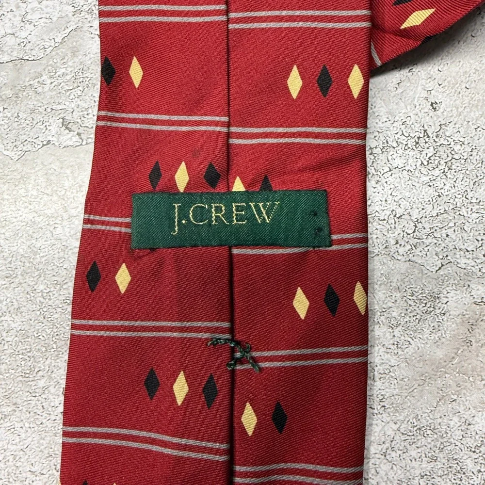 J.Crew Necktie Mens OS‎ Red Geometric Diamond Stripe Silk Hand Made